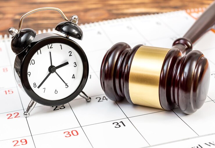 Relógio e martelo de juiz sobre calendário